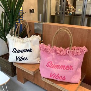 태슬 빅 사이즈 썸머 여름 숄더 쇼퍼 백 바캉스레터링 가방 아이보리 핑크